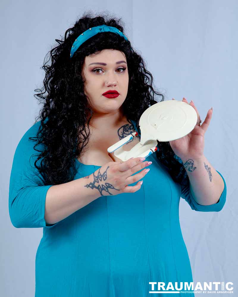 Dorian cosplaying as Deanna Troi from Star trek TNG.